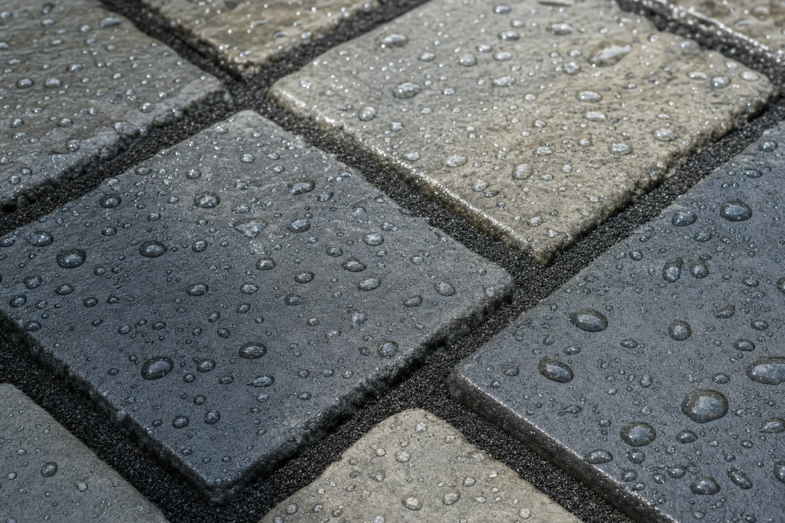 Gros plan d'un pavé-uni scellé, protégé contre l'eau